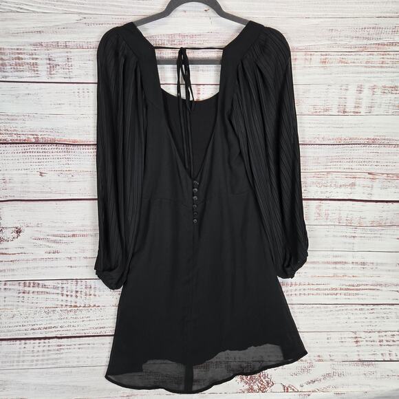 UO Y2K Whimsigoth Chiffon Black Babydoll Dress Sz 12 Flowy Pleated Puff Sleeves - Picture 2 of 16